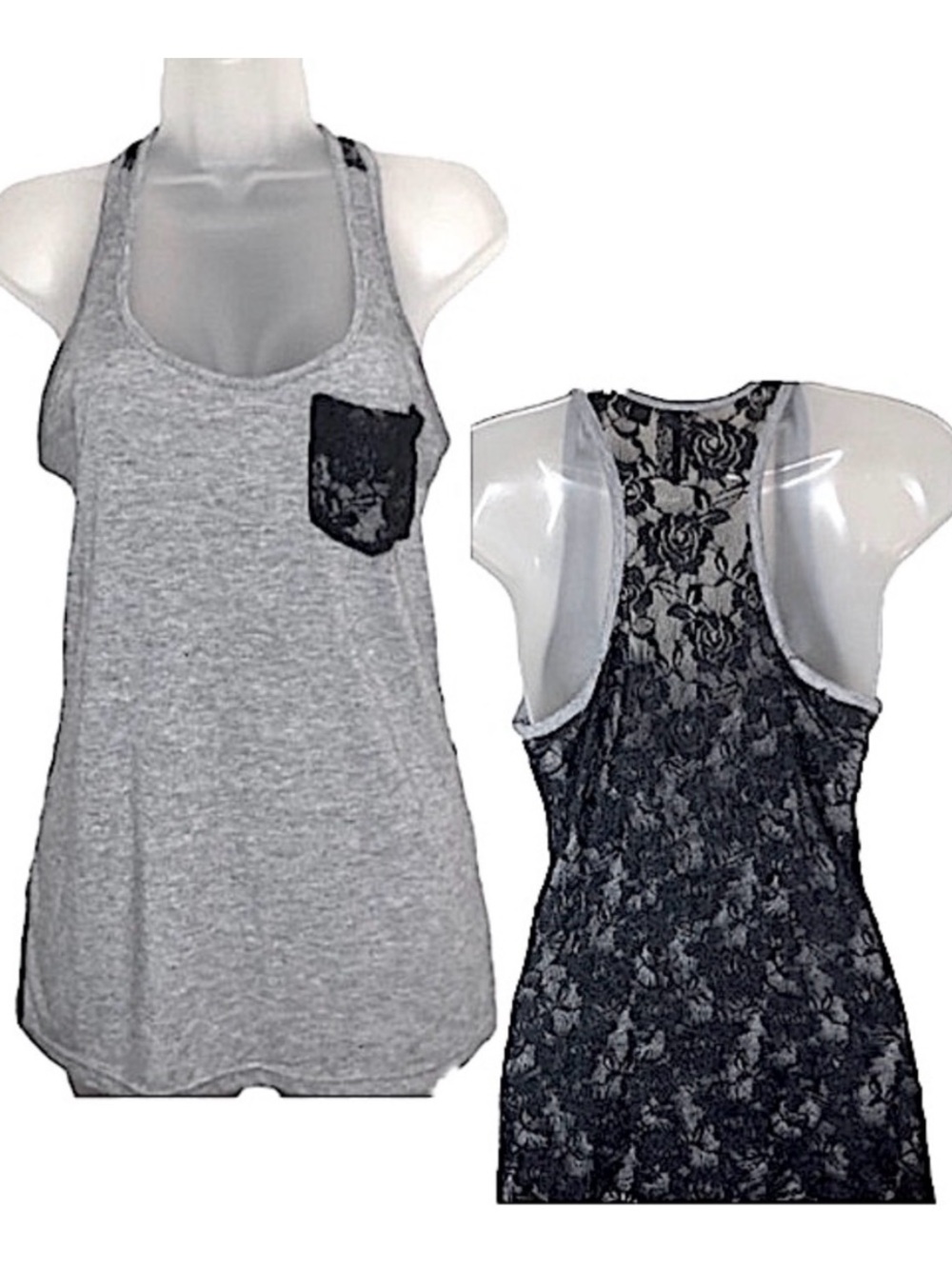 Y2K Love Culture Lace Back Mesh Pocket Front Mixed Media Top Black Gray Vintage